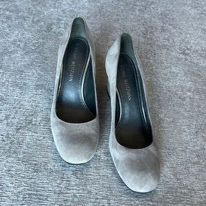 Stuart Weitzman Gray Suede Marymid Block Heel Round Toe Pumps